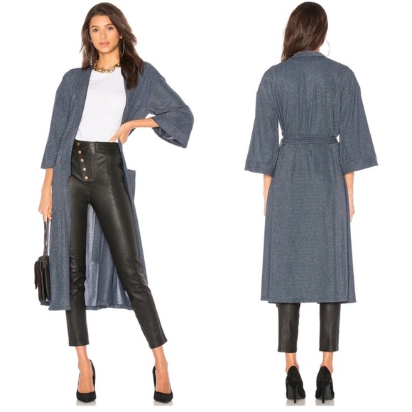 NWT LPA Revolve Tie Waist Belted Long Duster Cardigan Blue Silver Sparkle Size M - Picture 1 of 10